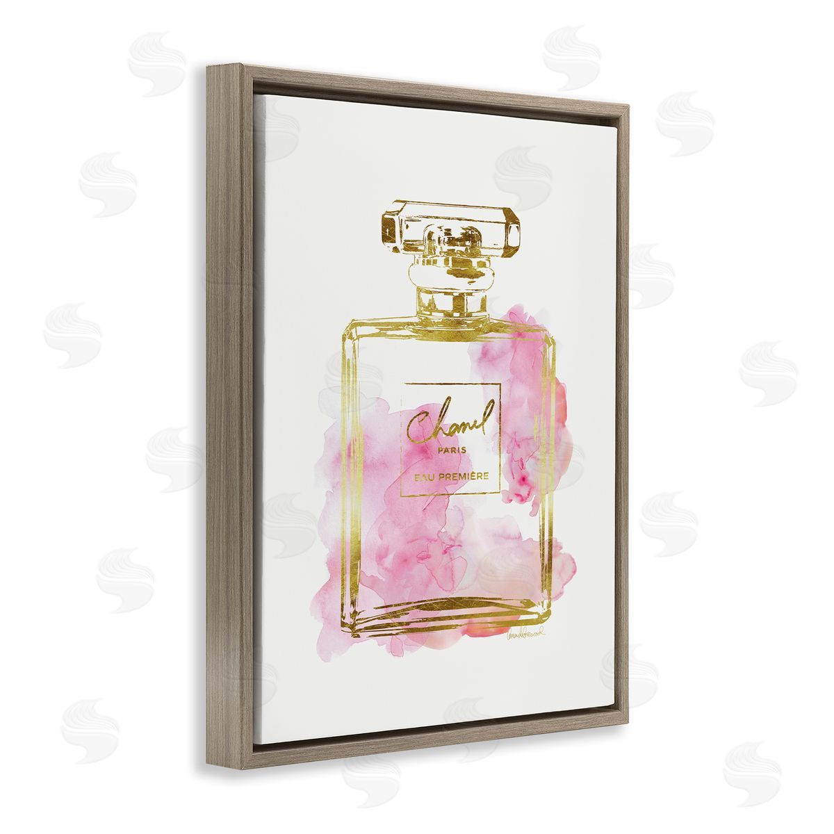 Glam Perfume Bottle Gold Pink Brown Floating Frame Canvas Wall Art, Home Decor by Amanda Greenwood