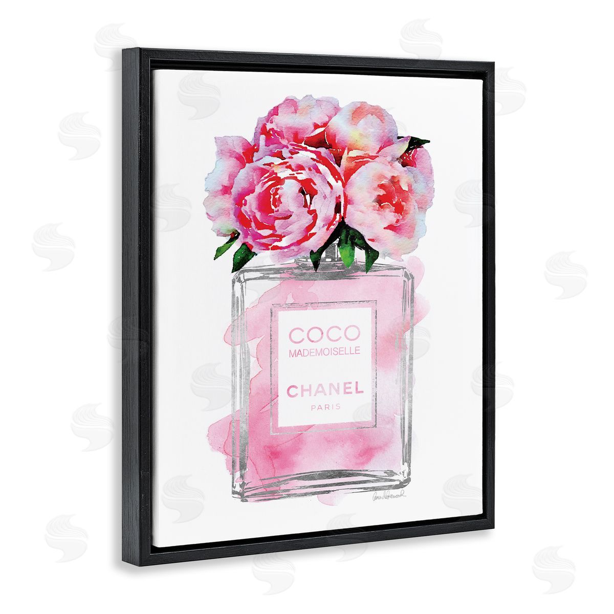 Glam Perfume Bottle with Roses Black Floating Frame Canvas Wall Art, Home Decor by Amanda Greenwood