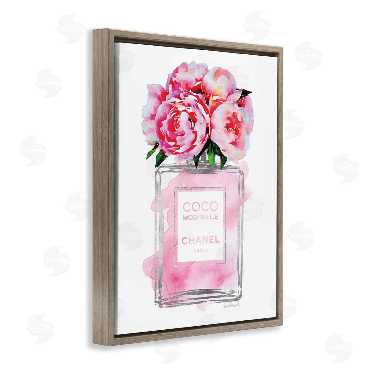 Glam Perfume Bottle with Roses Brown Floating Frame Canvas Wall Art, Home Decor by Amanda Greenwood