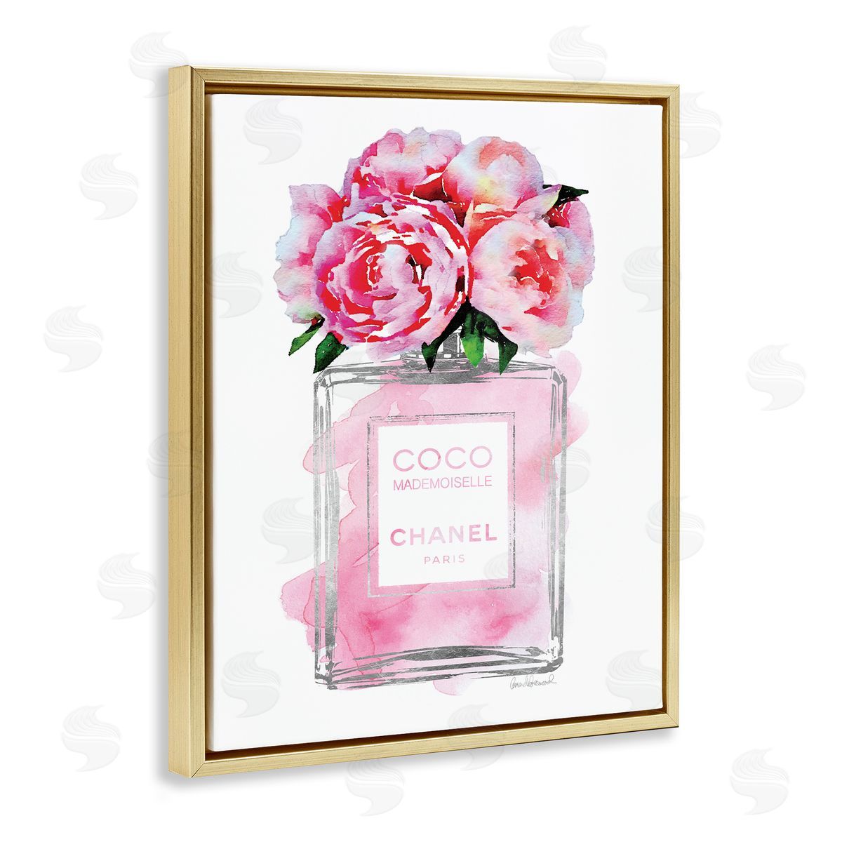 Glam Perfume Bottle with Roses Gold Floating Frame Canvas Wall Art, Home Decor by Amanda Greenwood