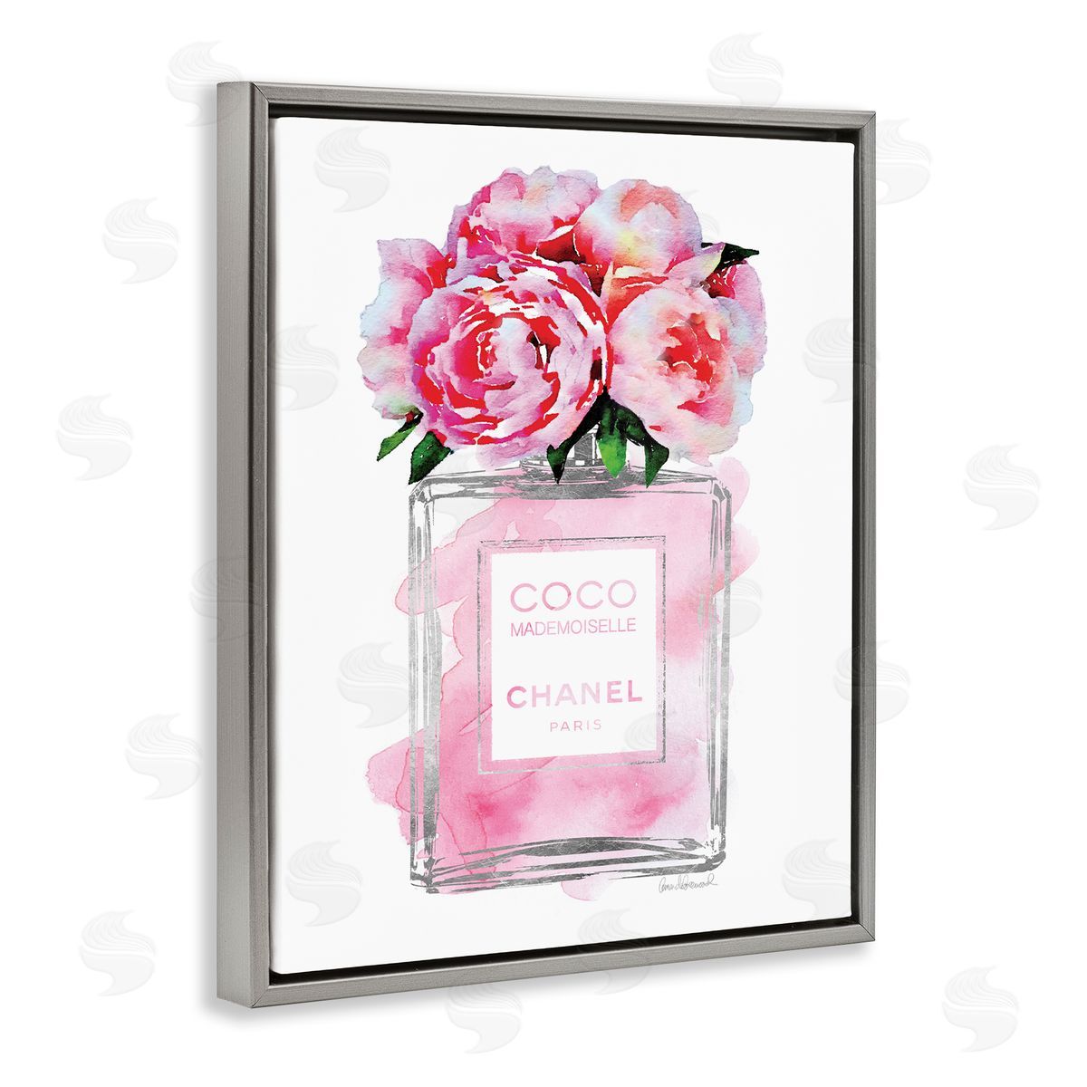 Glam Perfume Bottle with Roses Grey Floating Frame Canvas Wall Art, Home Decor by Amanda Greenwood