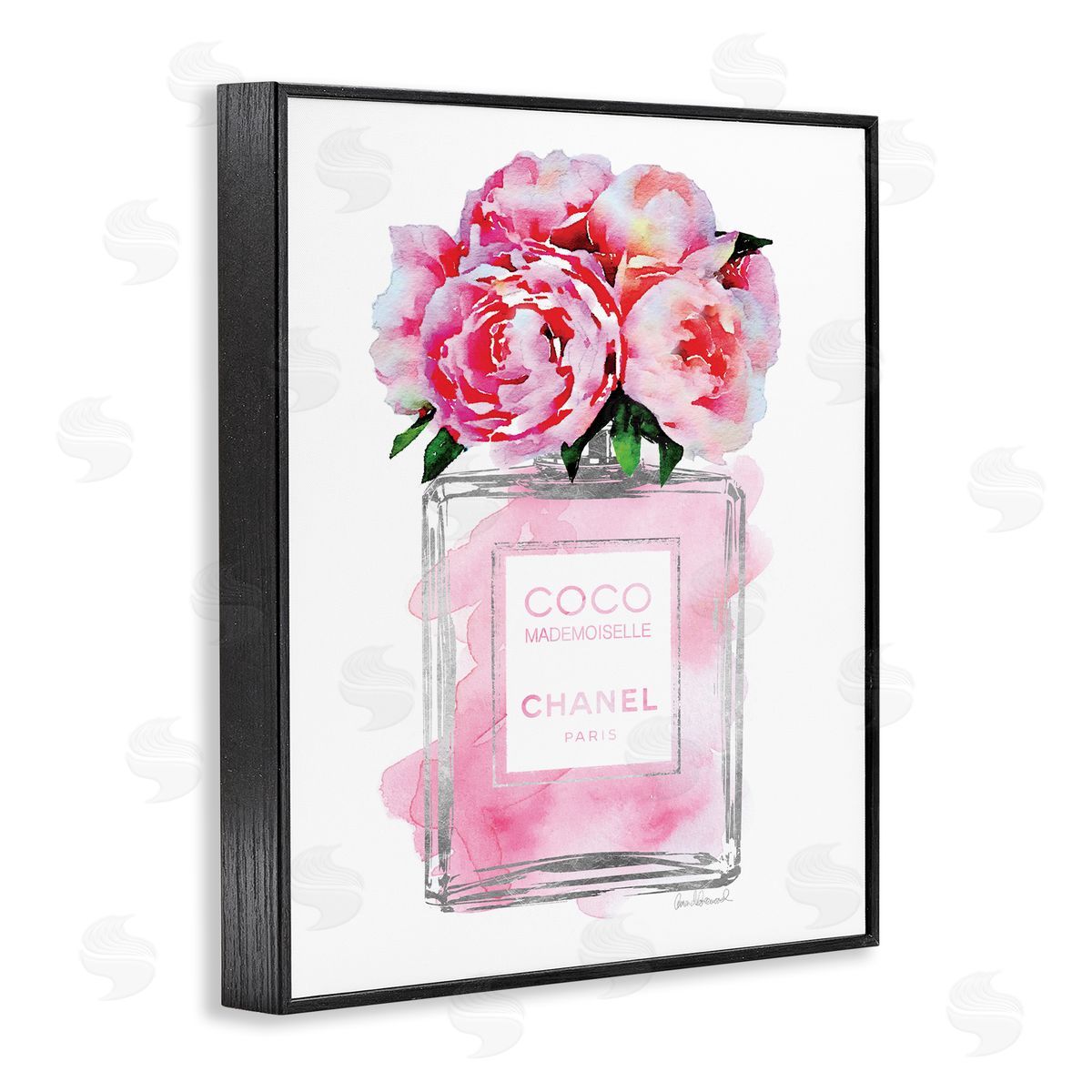 Glam Perfume Bottle with Roses Black Frame Print Wall Art, Home Decor by Amanda Greenwood