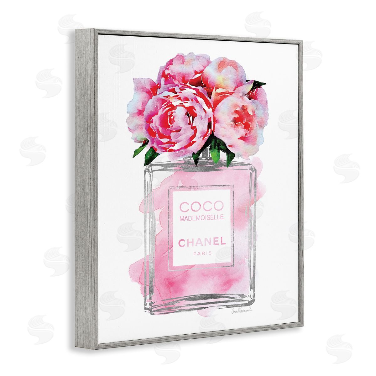 Glam Perfume Bottle with Roses Grey Frame Print Wall Art, Home Decor by Amanda Greenwood