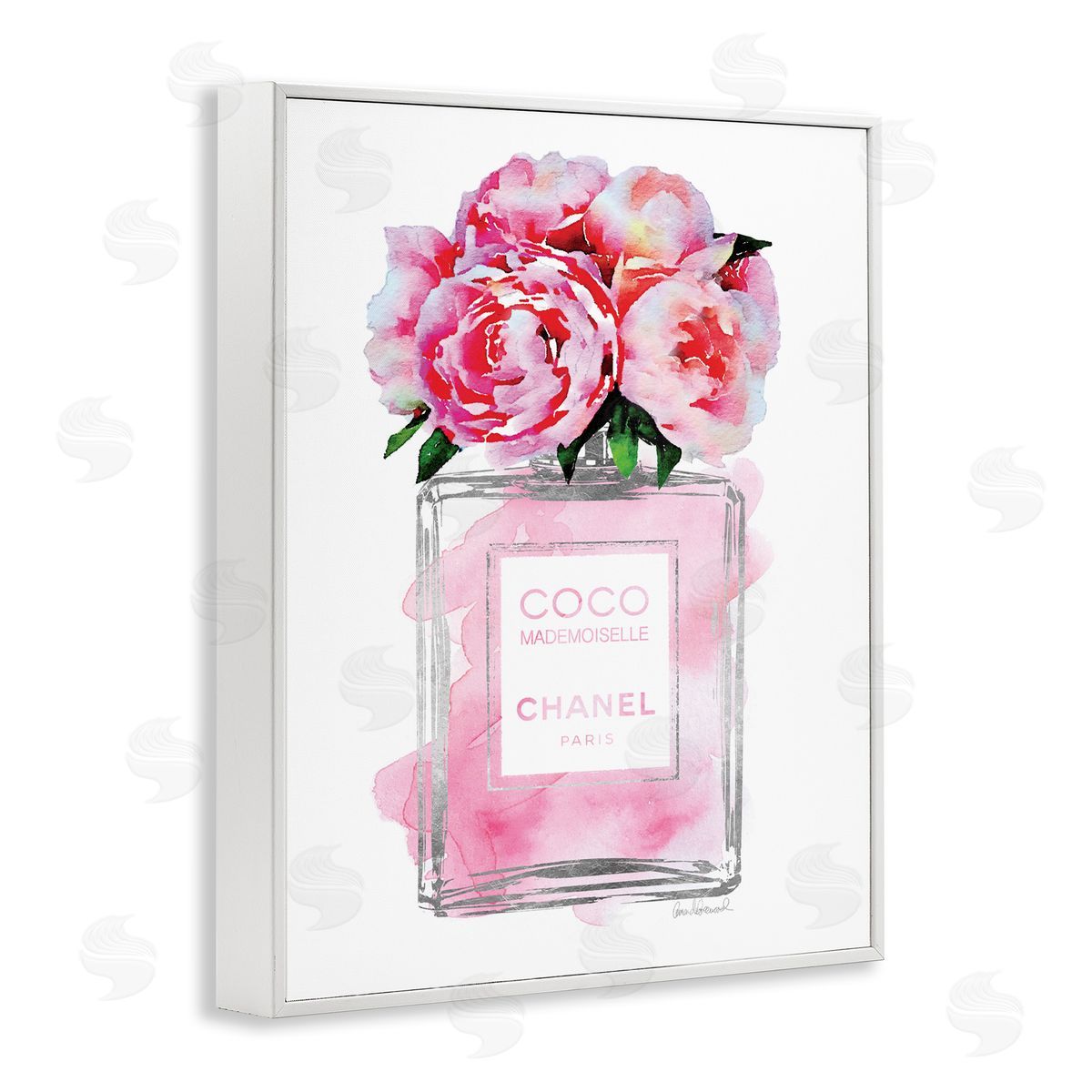 Glam Perfume Bottle with Roses White Frame Print Wall Art, Home Decor by Amanda Greenwood