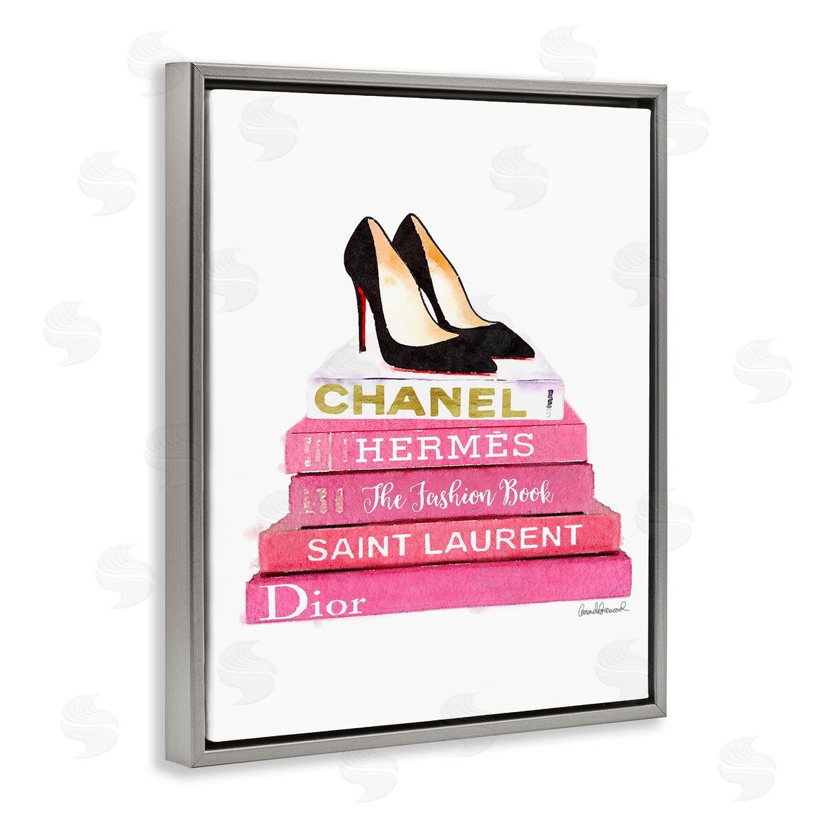 Glam Pink Fashion Books Pump Heels Grey Floating Frame Canvas Wall Art, Home Decor by Amanda Greenwood