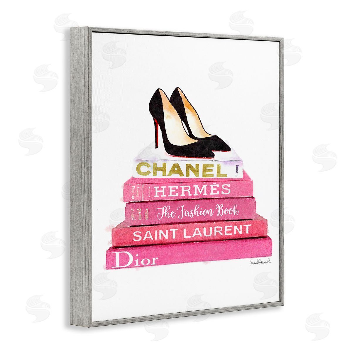 Glam Pink Fashion Books Pump Heels Grey Frame Print Wall Art, Home Decor by Amanda Greenwood