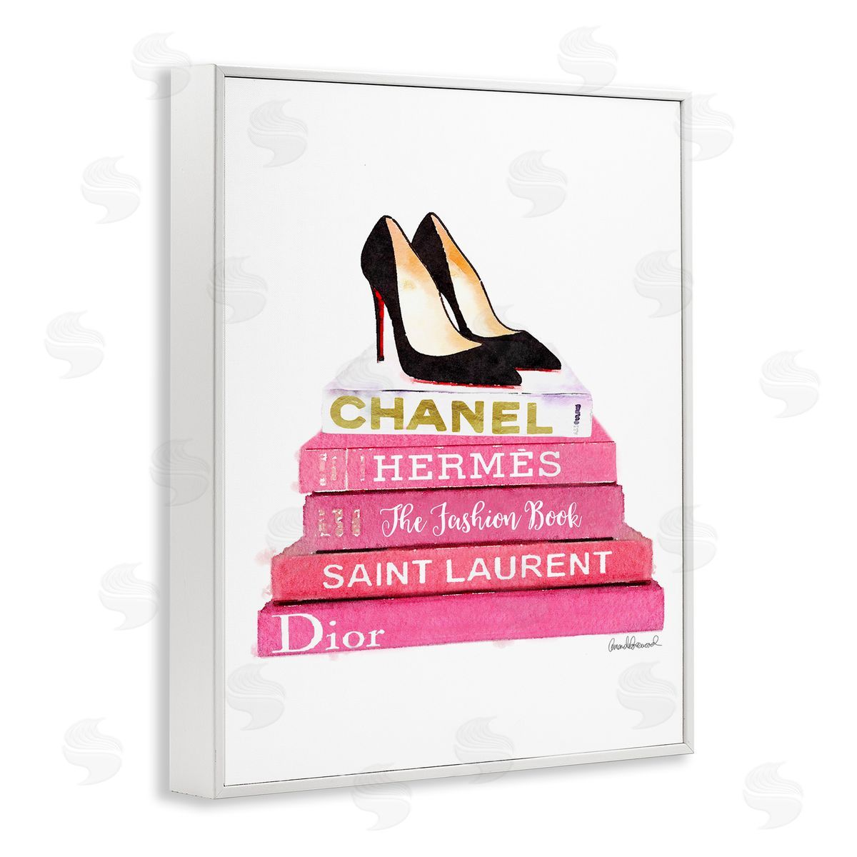 Glam Pink Fashion Books Pump Heels White Frame Print Wall Art, Home Decor by Amanda Greenwood