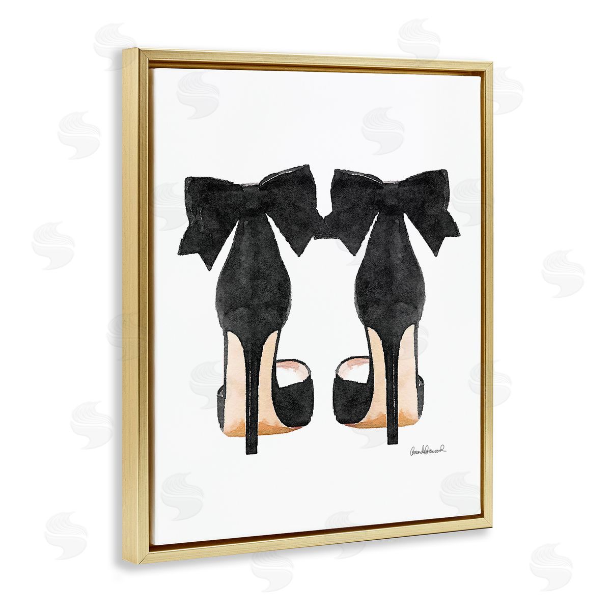 Glam Pumps Heels With Black Bow Gold Floating Frame Canvas Wall Art, Home Decor by Amanda Greenwood