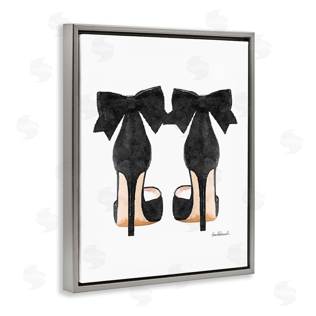 Glam Pumps Heels With Black Bow Grey Floating Frame Canvas Wall Art, Home Decor by Amanda Greenwood