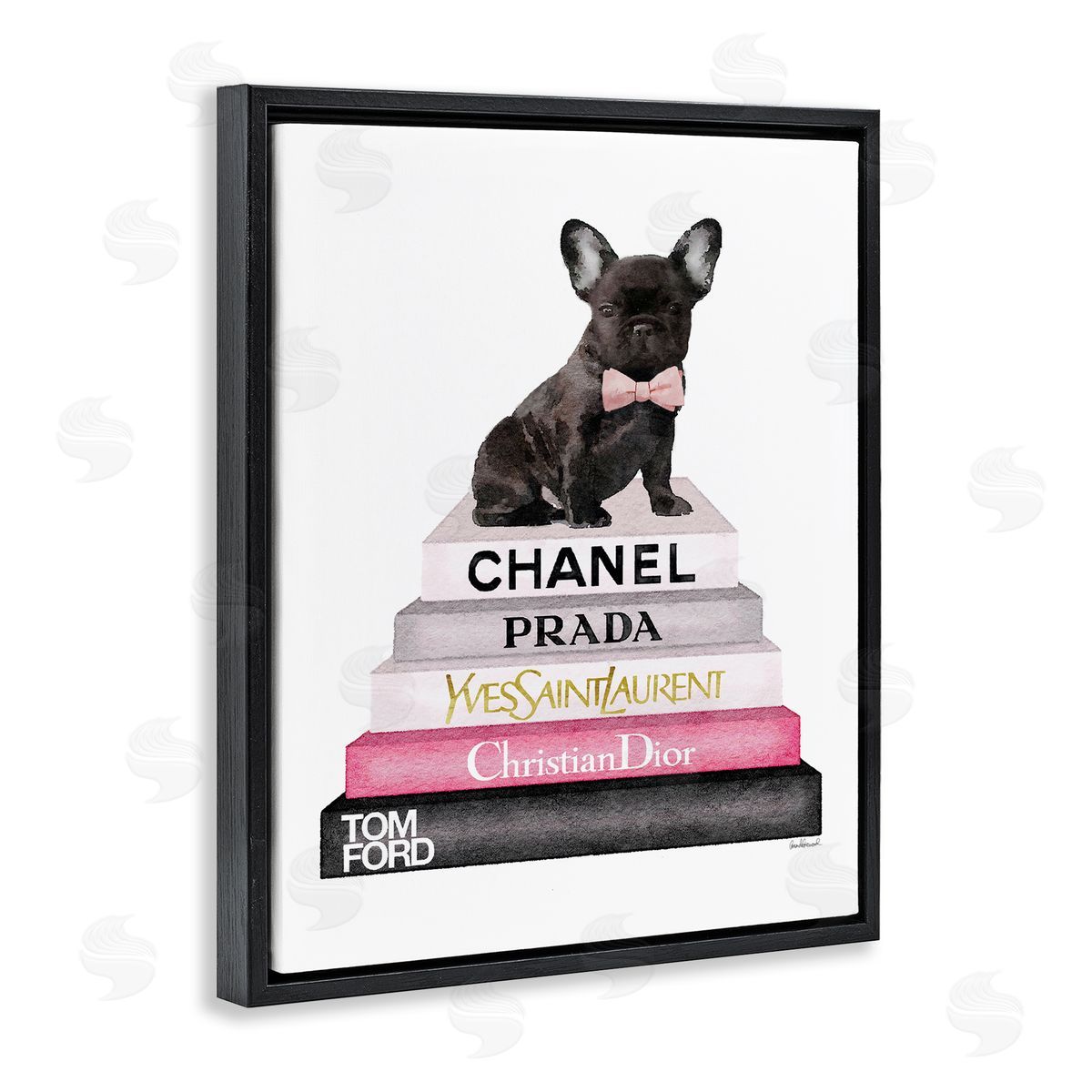 Book Stack Fashion French Bulldog Black Floating Frame Canvas Wall Art, Home Decor by Amanda Greenwood