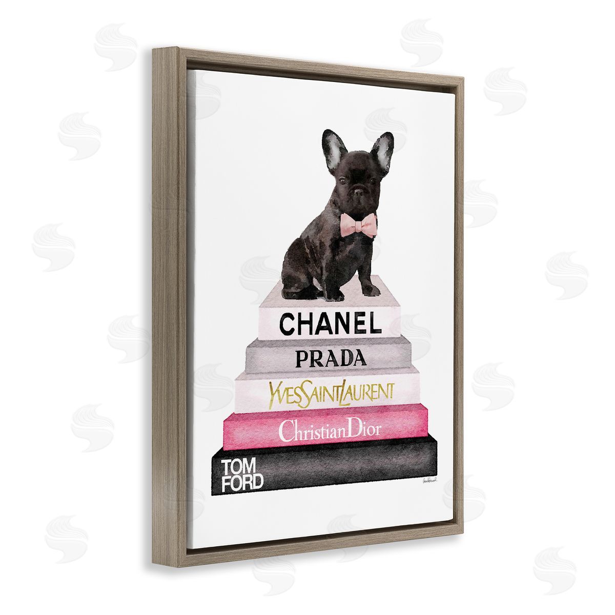 Book Stack Fashion French Bulldog Brown Floating Frame Canvas Wall Art, Home Decor by Amanda Greenwood