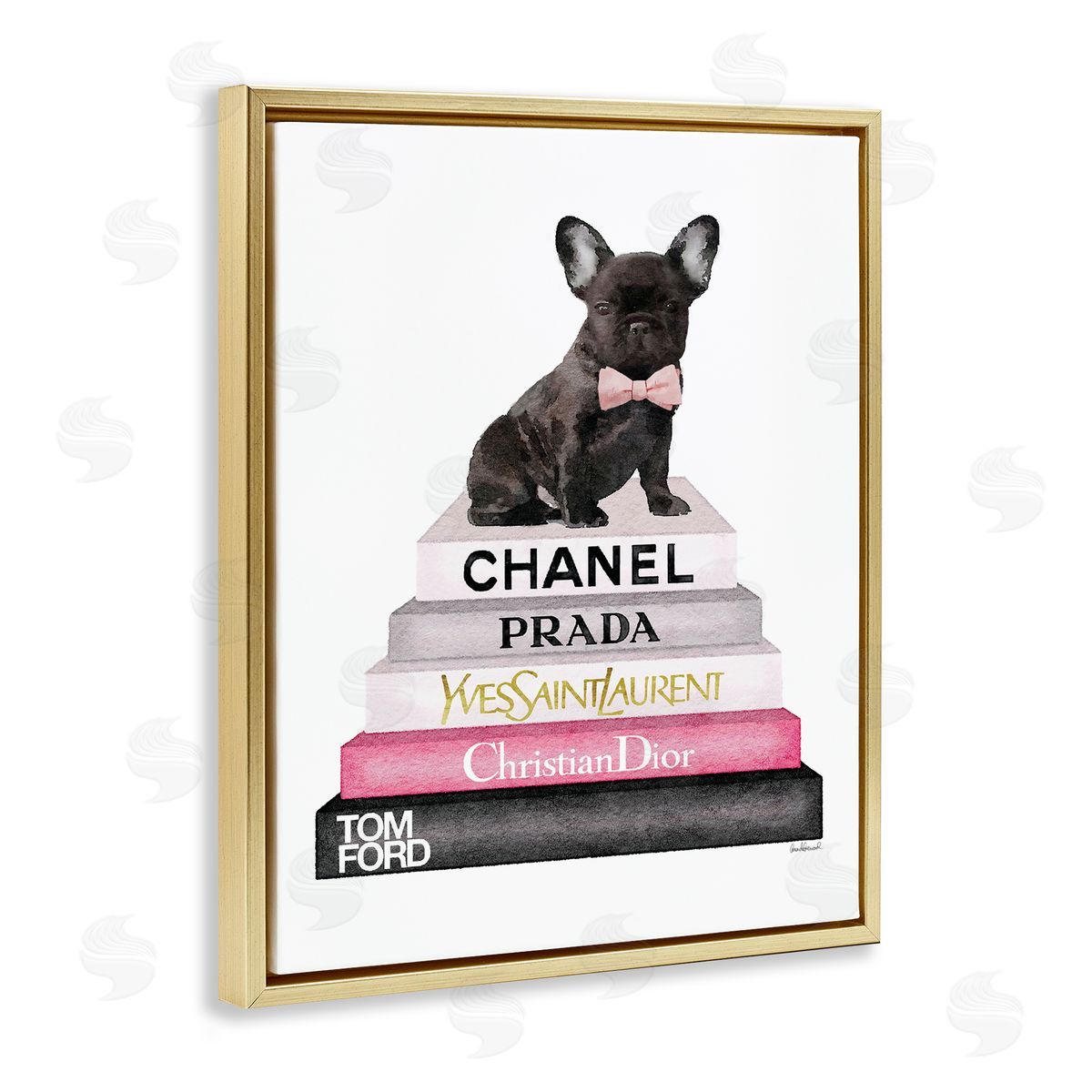 Book Stack Fashion French Bulldog Gold Floating Frame Canvas Wall Art, Home Decor by Amanda Greenwood