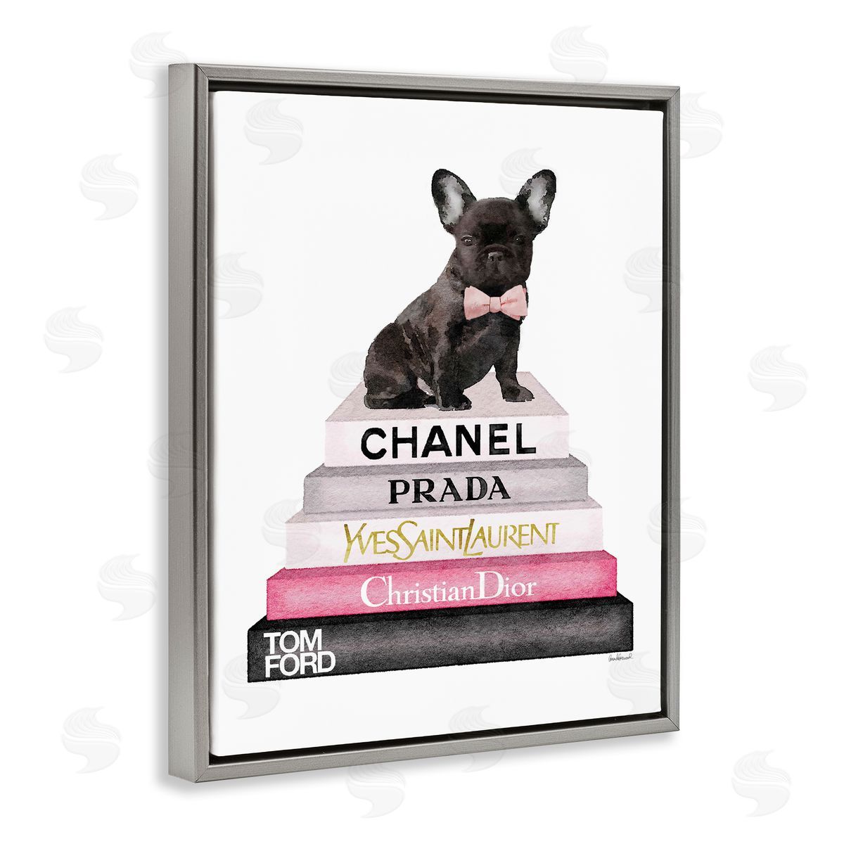 Book Stack Fashion French Bulldog Grey Floating Frame Canvas Wall Art, Home Decor by Amanda Greenwood