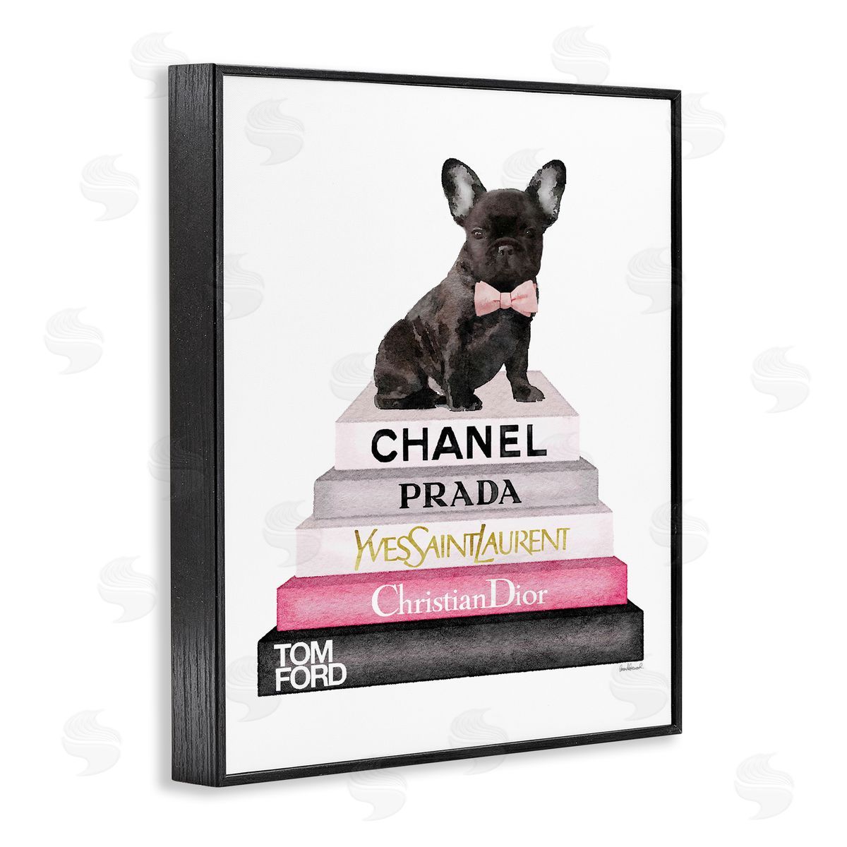 Book Stack Fashion French Bulldog Black Frame Print Wall Art, Home Decor by Amanda Greenwood
