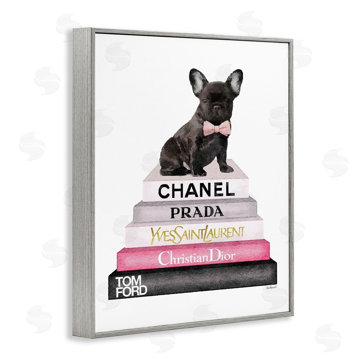 Book Stack Fashion French Bulldog Grey Frame Print Wall Art, Home Decor by Amanda Greenwood