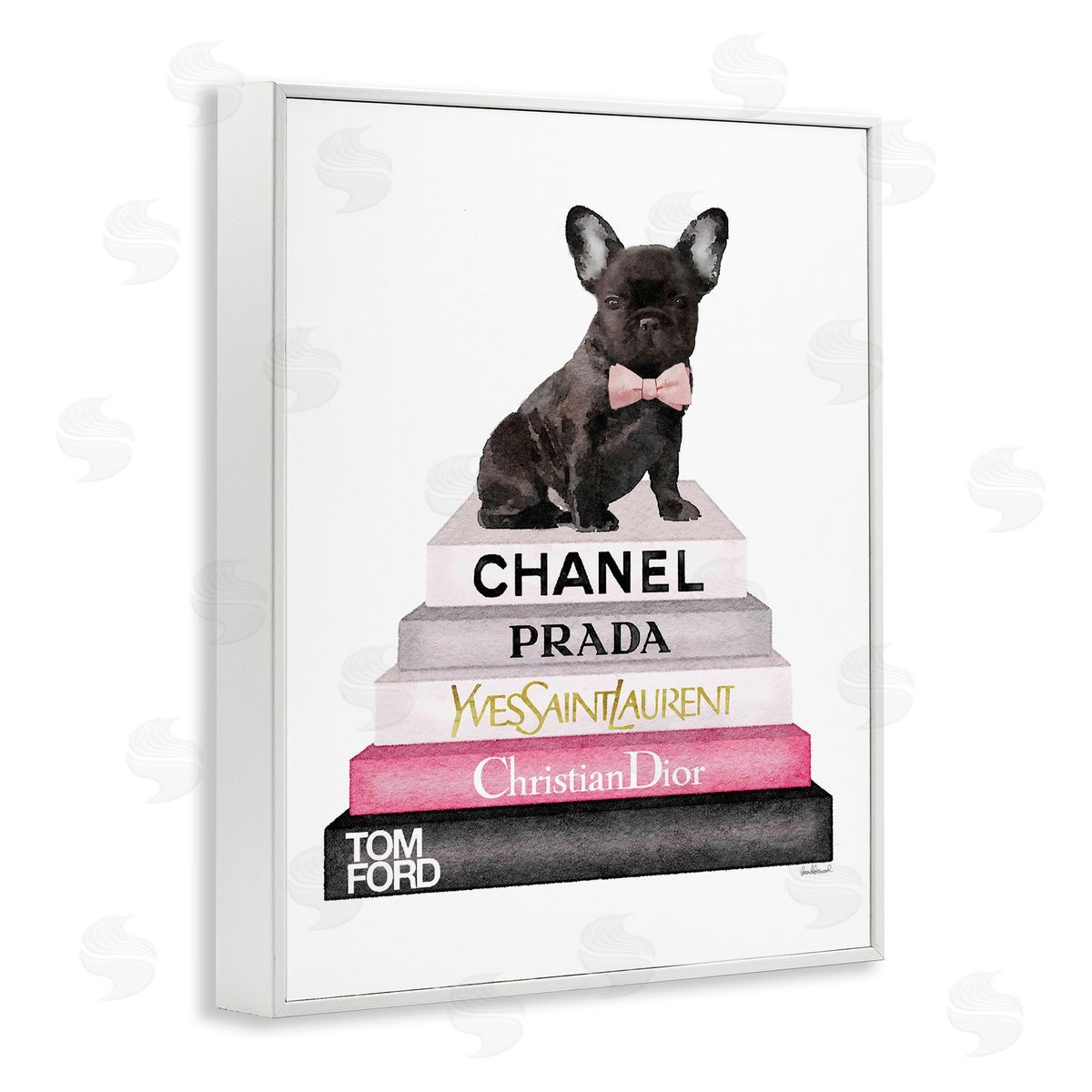 Book Stack Fashion French Bulldog White Frame Print Wall Art, Home Decor by Amanda Greenwood