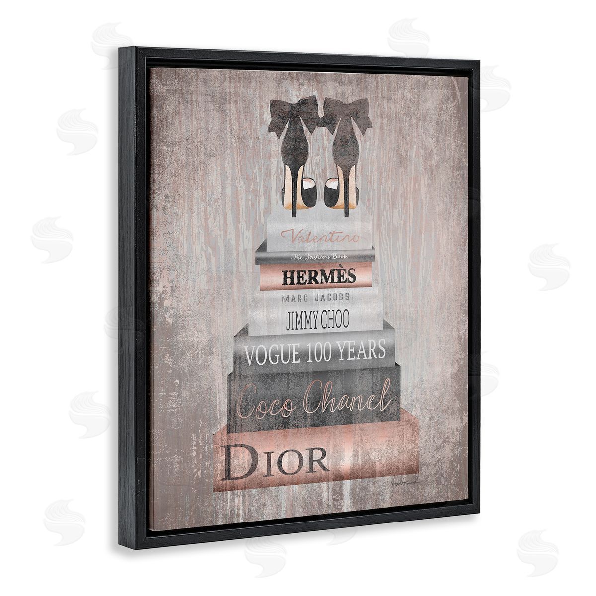 Book Stack Heels Metallic Pink Black Floating Frame Canvas Wall Art, Home Decor by Amanda Greenwood