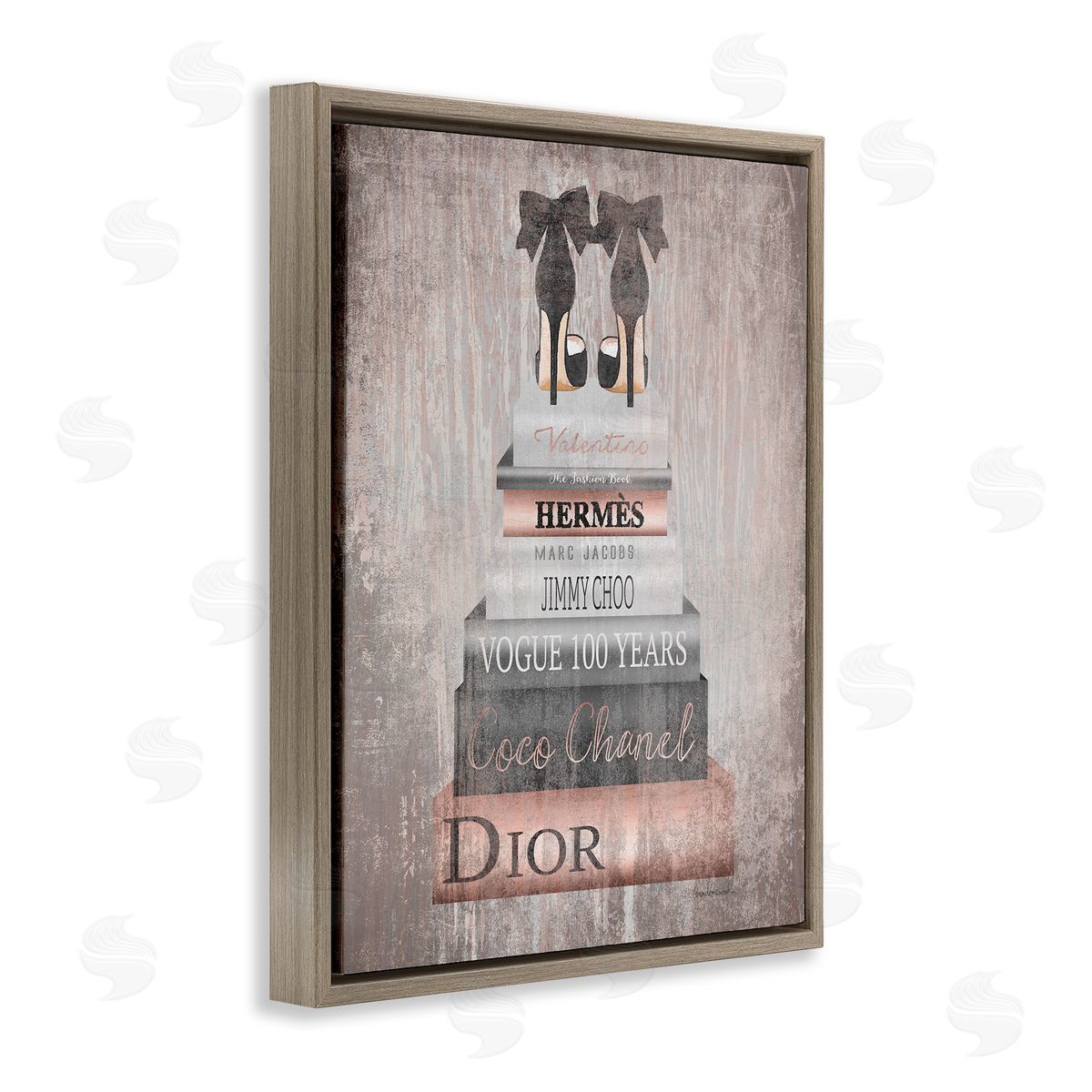 Book Stack Heels Metallic Pink Brown Floating Frame Canvas Wall Art, Home Decor by Amanda Greenwood