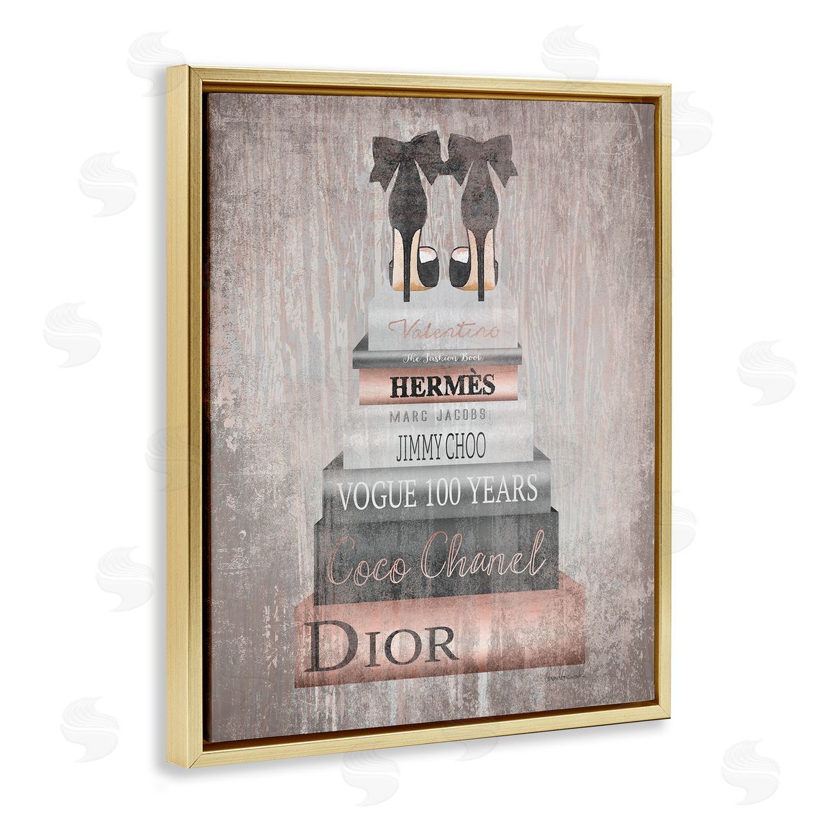 Book Stack Heels Metallic Pink Gold Floating Frame Canvas Wall Art, Home Decor by Amanda Greenwood