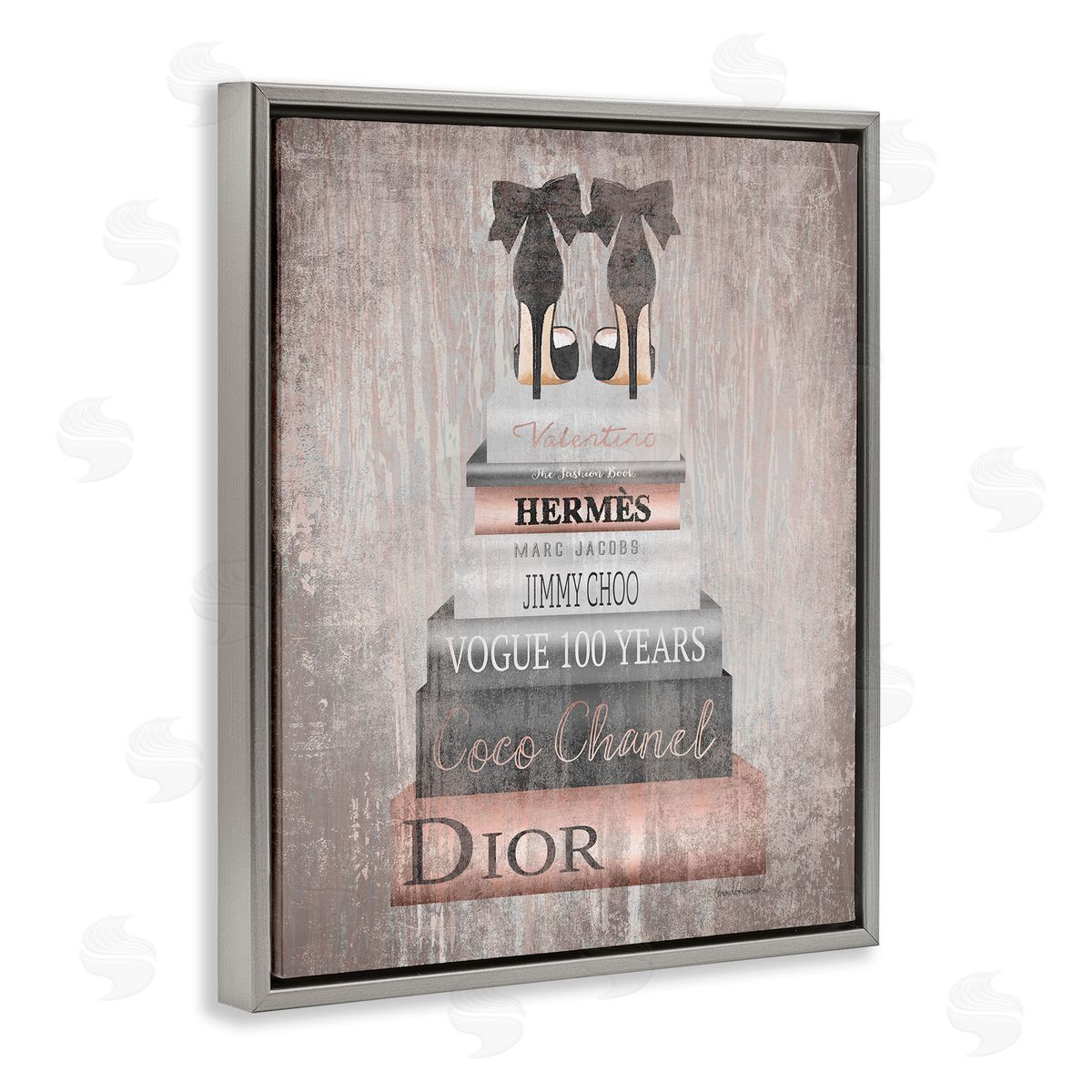 Book Stack Heels Metallic Pink Grey Floating Frame Canvas Wall Art, Home Decor by Amanda Greenwood