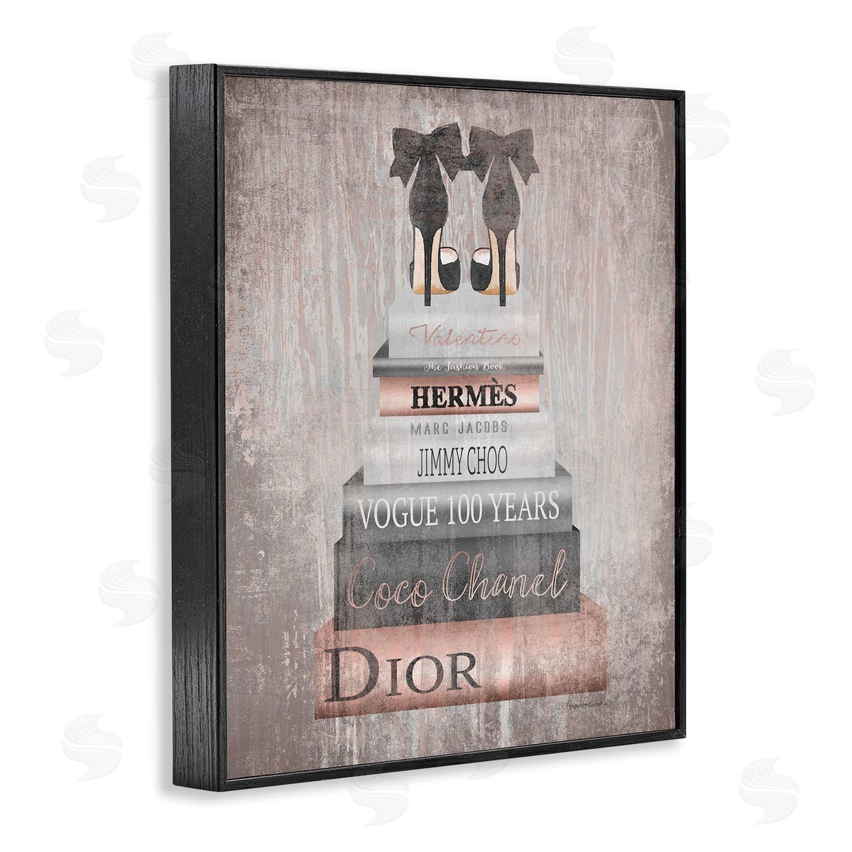 Book Stack Heels Metallic Pink Black Frame Print Wall Art, Home Decor by Amanda Greenwood