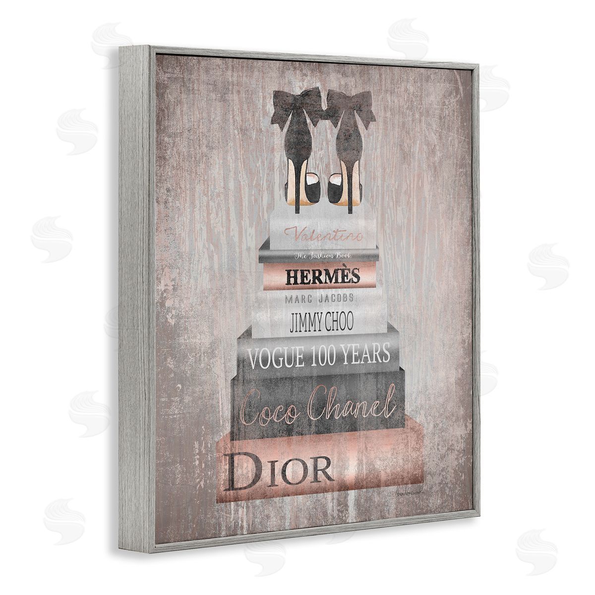Book Stack Heels Metallic Pink Grey Frame Print Wall Art, Home Decor by Amanda Greenwood