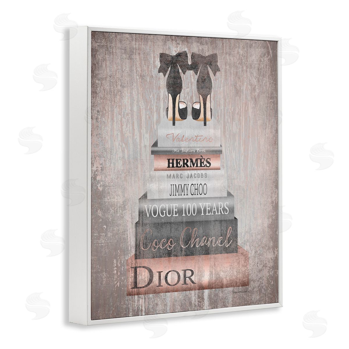 Book Stack Heels Metallic Pink White Frame Print Wall Art, Home Decor by Amanda Greenwood