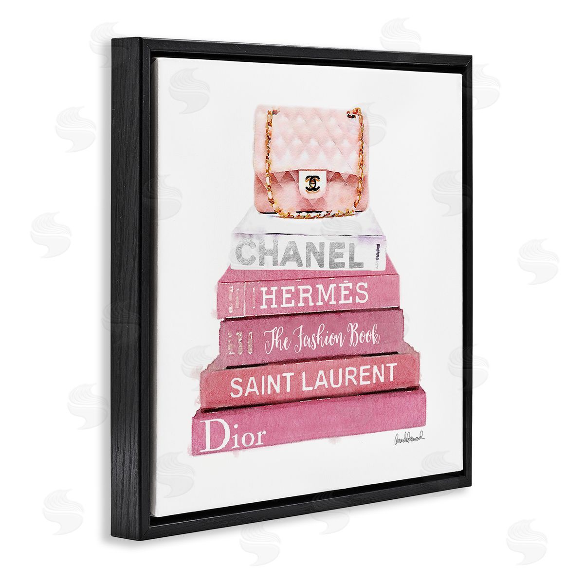 Pink Book Stack Fashion Handbag Black Floating Frame Canvas Wall Art, Home Decor by Amanda Greenwood