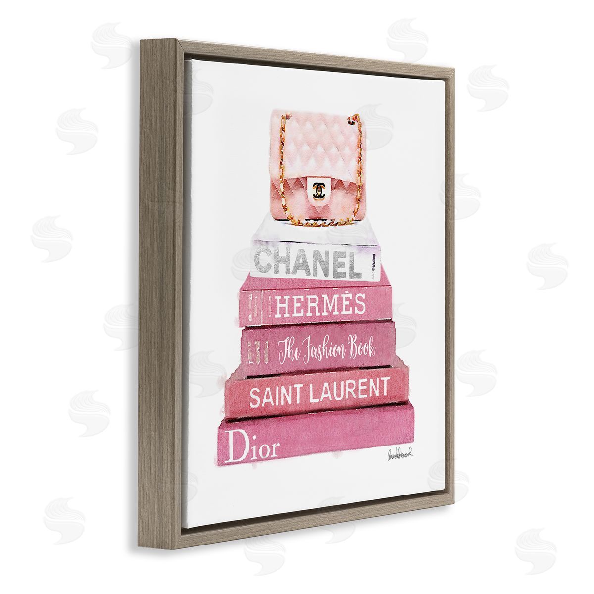 Pink Book Stack Fashion Handbag Brown Floating Frame Canvas Wall Art, Home Decor by Amanda Greenwood