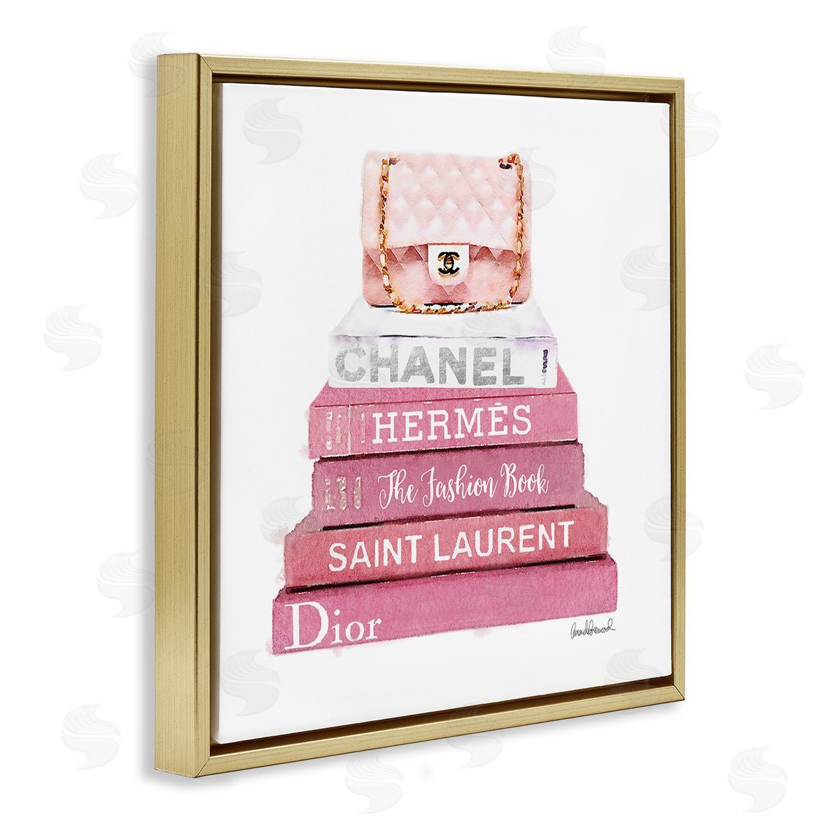 Pink Book Stack Fashion Handbag Gold Floating Frame Canvas Wall Art, Home Decor by Amanda Greenwood