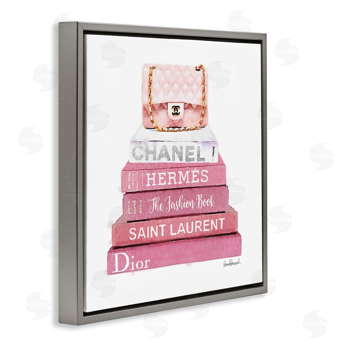 Pink Book Stack Fashion Handbag Grey Floating Frame Canvas Wall Art, Home Decor by Amanda Greenwood