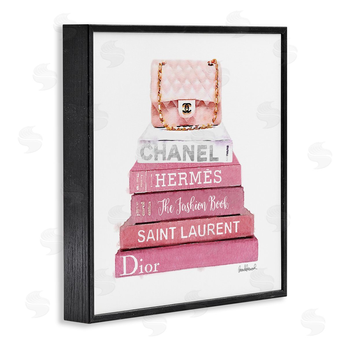 Pink Book Stack Fashion Handbag Black Frame Print Wall Art, Home Decor by Amanda Greenwood
