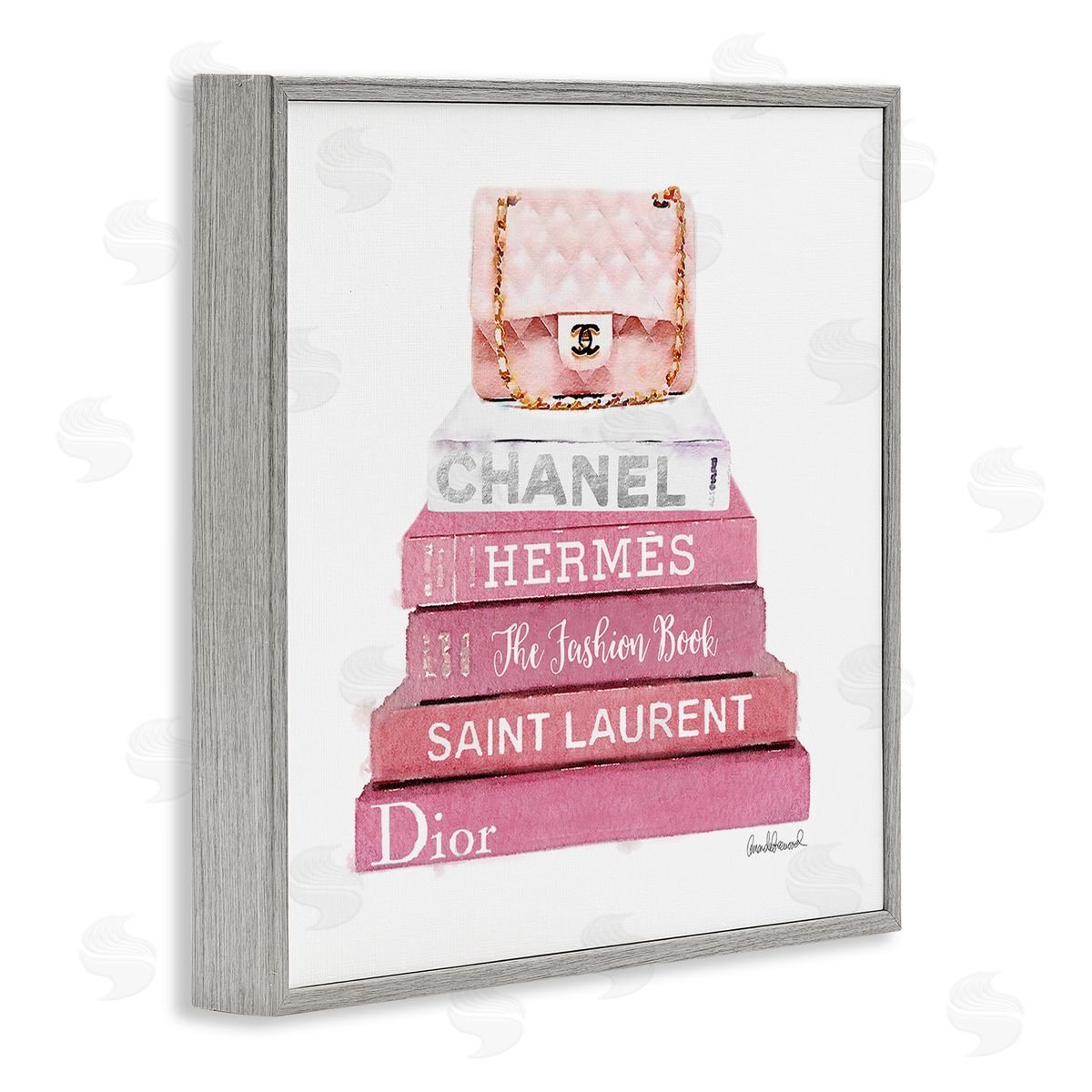 Pink Book Stack Fashion Handbag Grey Frame Print Wall Art, Home Decor by Amanda Greenwood