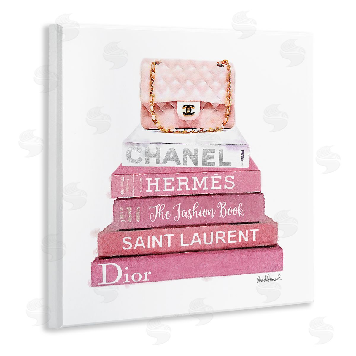 Pink Book Stack Fashion Handbag Wood Plaque Wall Art, Home Decor by Amanda Greenwood