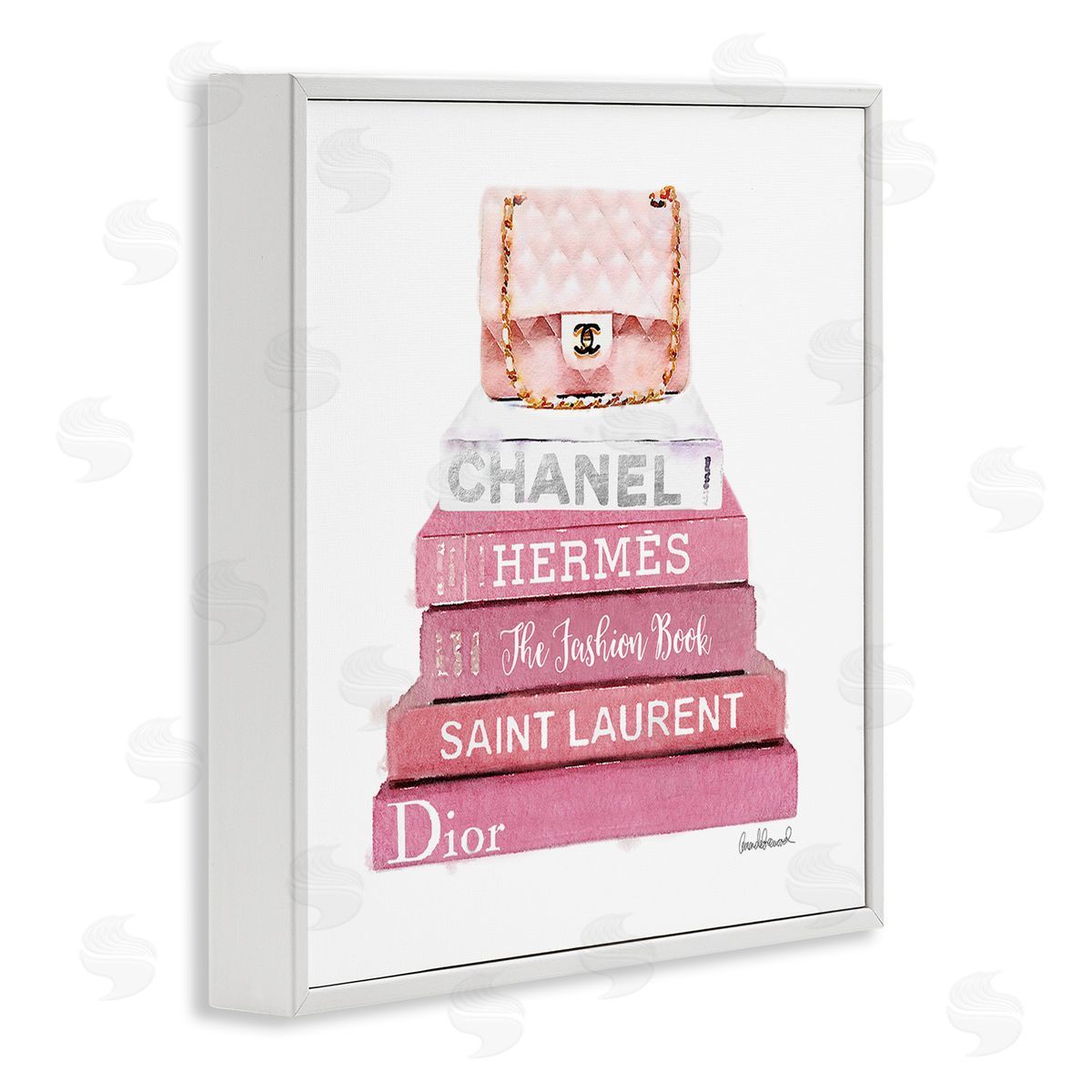 Pink Book Stack Fashion Handbag White Frame Print Wall Art, Home Decor by Amanda Greenwood