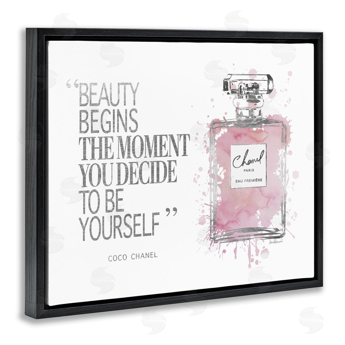 Beauty Begins Fashion Perfume Black Floating Frame Canvas Wall Art, Home Decor by Amanda Greenwood