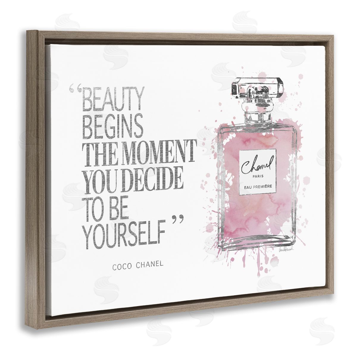 Beauty Begins Fashion Perfume Brown Floating Frame Canvas Wall Art, Home Decor by Amanda Greenwood