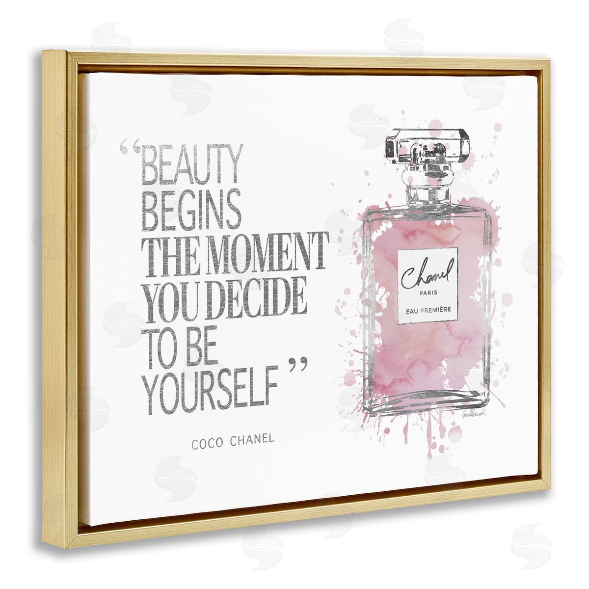 Beauty Begins Fashion Perfume Gold Floating Frame Canvas Wall Art, Home Decor by Amanda Greenwood