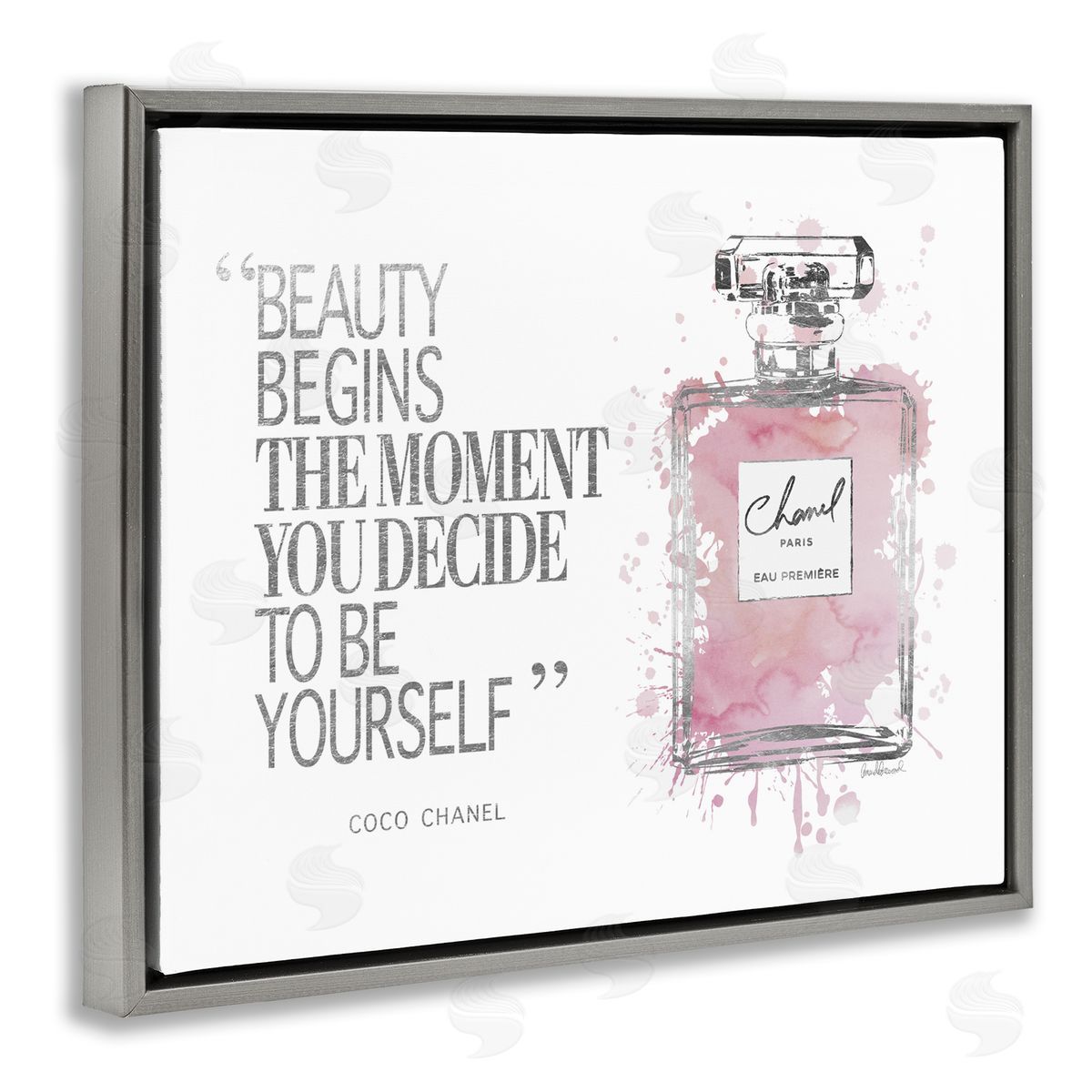 Beauty Begins Fashion Perfume Grey Floating Frame Canvas Wall Art, Home Decor by Amanda Greenwood