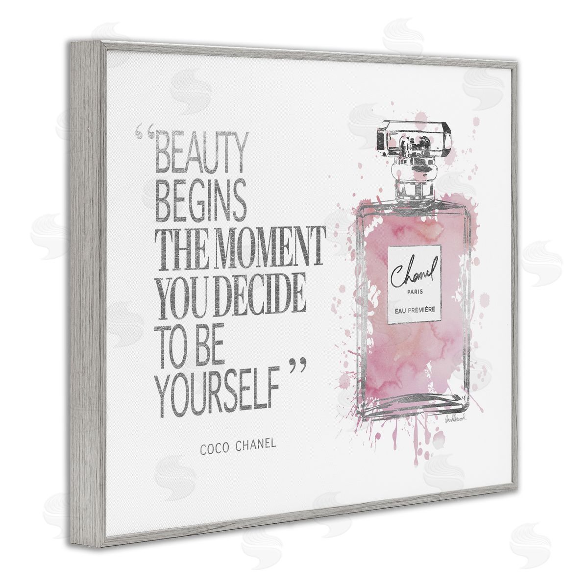 Beauty Begins Fashion Perfume Grey Frame Print Wall Art, Home Decor by Amanda Greenwood
