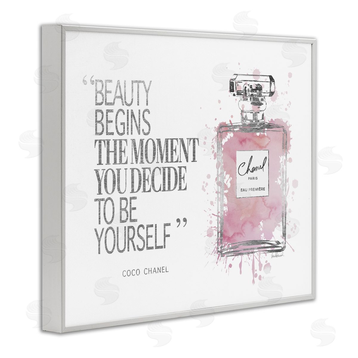 Beauty Begins Fashion Perfume White Frame Print Wall Art, Home Decor by Amanda Greenwood