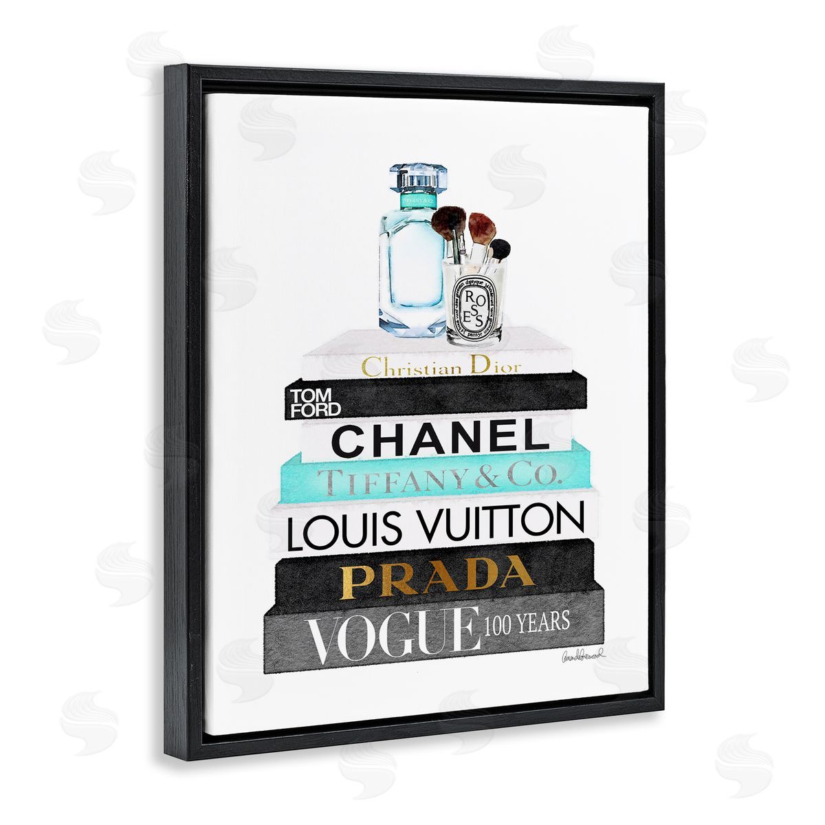 Bookstack with Beauty Brushes Black Floating Frame Canvas Wall Art, Home Decor by Amanda Greenwood