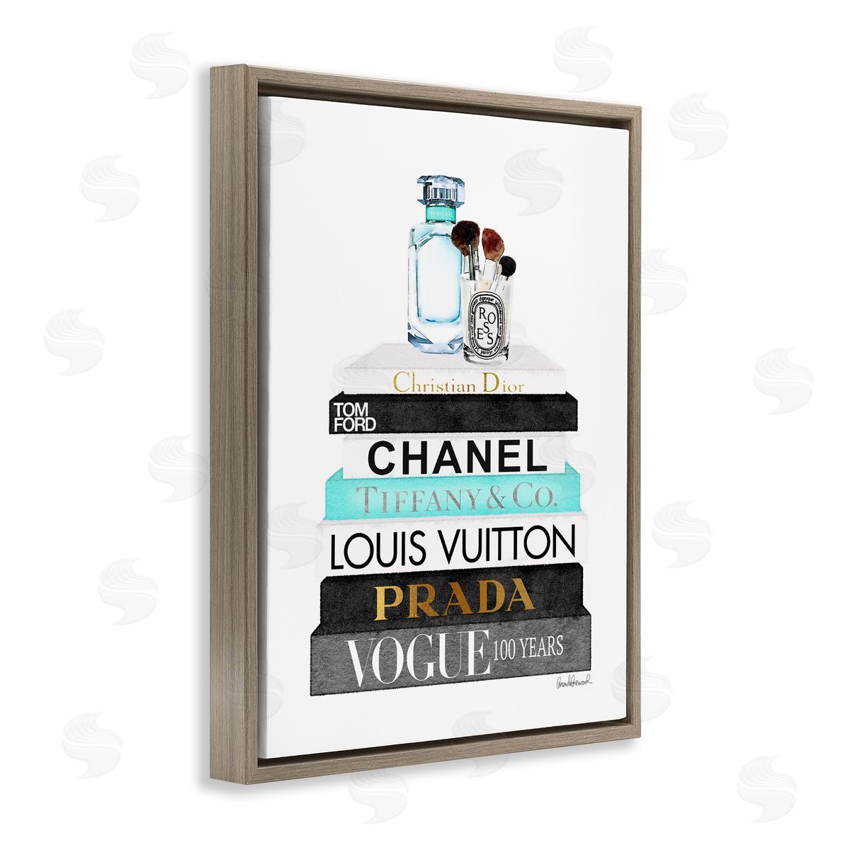 Bookstack with Beauty Brushes Brown Floating Frame Canvas Wall Art, Home Decor by Amanda Greenwood