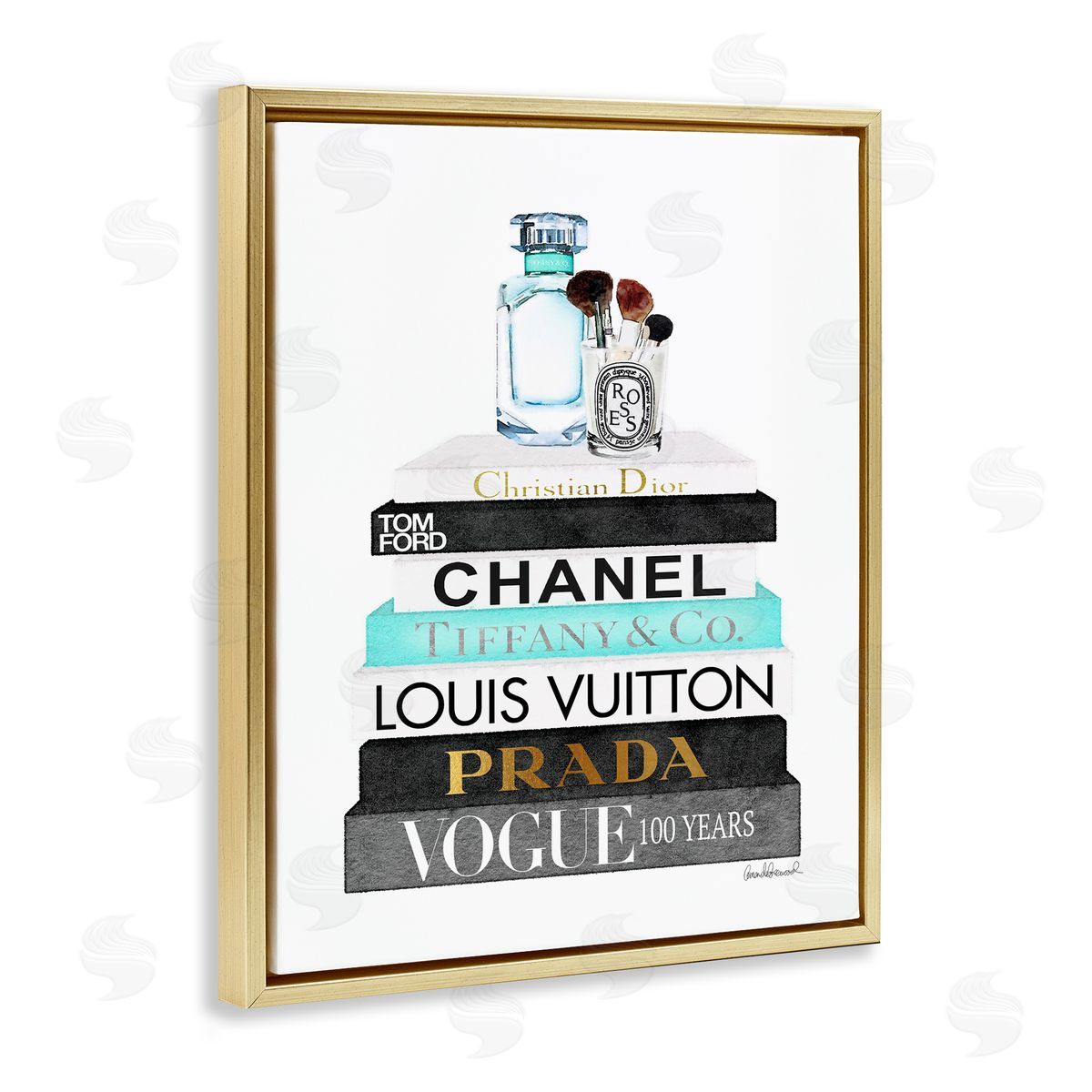 Bookstack with Beauty Brushes Gold Floating Frame Canvas Wall Art, Home Decor by Amanda Greenwood