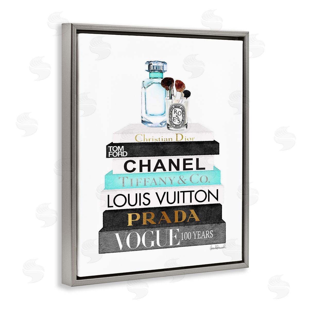 Bookstack with Beauty Brushes Grey Floating Frame Canvas Wall Art, Home Decor by Amanda Greenwood