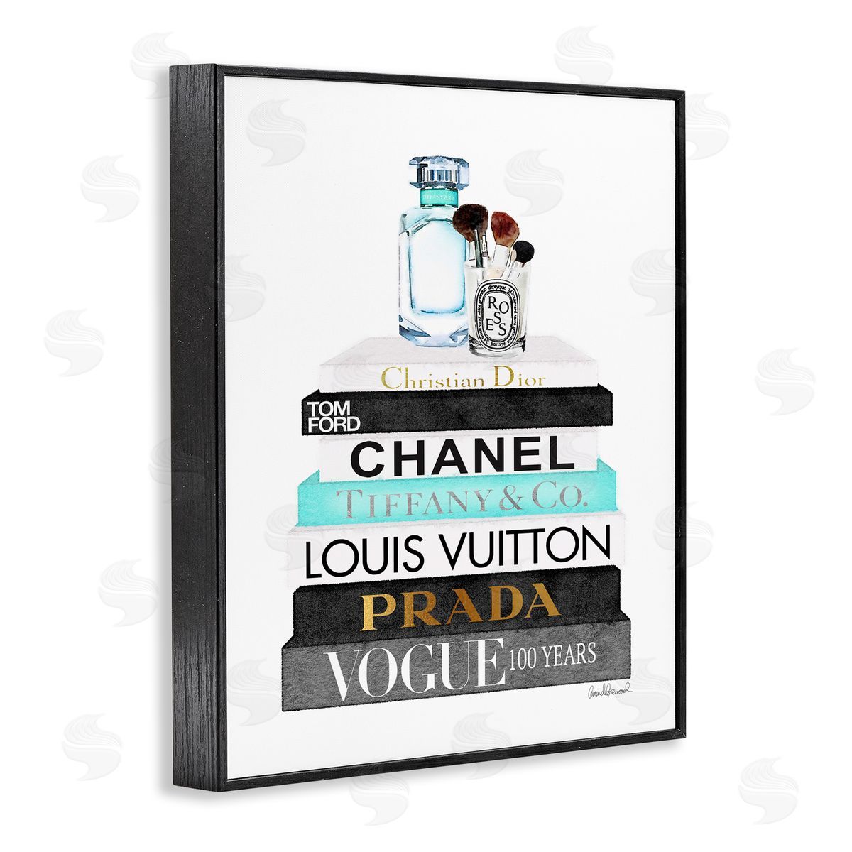 Bookstack with Beauty Brushes Black Frame Print Wall Art, Home Decor by Amanda Greenwood