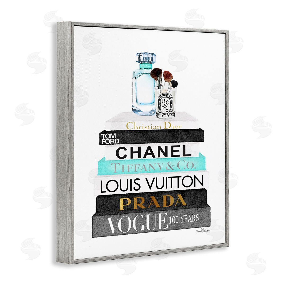 Bookstack with Beauty Brushes Grey Frame Print Wall Art, Home Decor by Amanda Greenwood