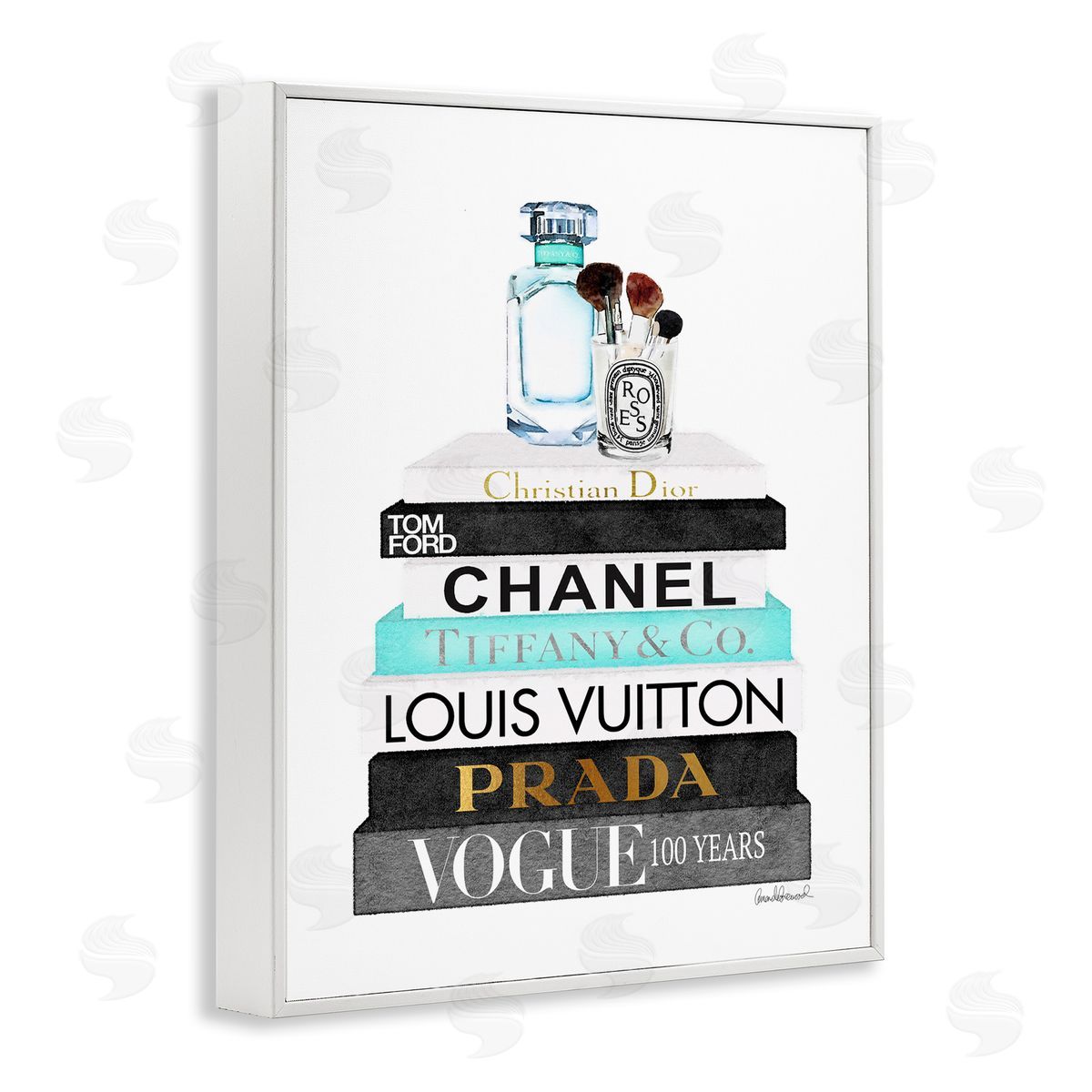 Bookstack with Beauty Brushes White Frame Print Wall Art, Home Decor by Amanda Greenwood