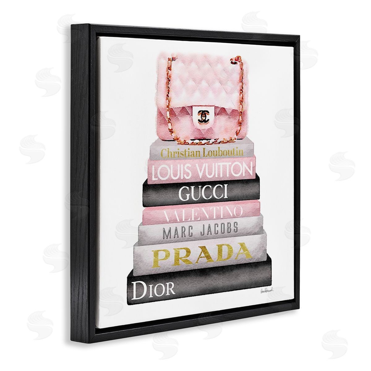 Watercolor High Fashion Bookstack Black Floating Frame Canvas Wall Art, Home Decor by Amanda Greenwood