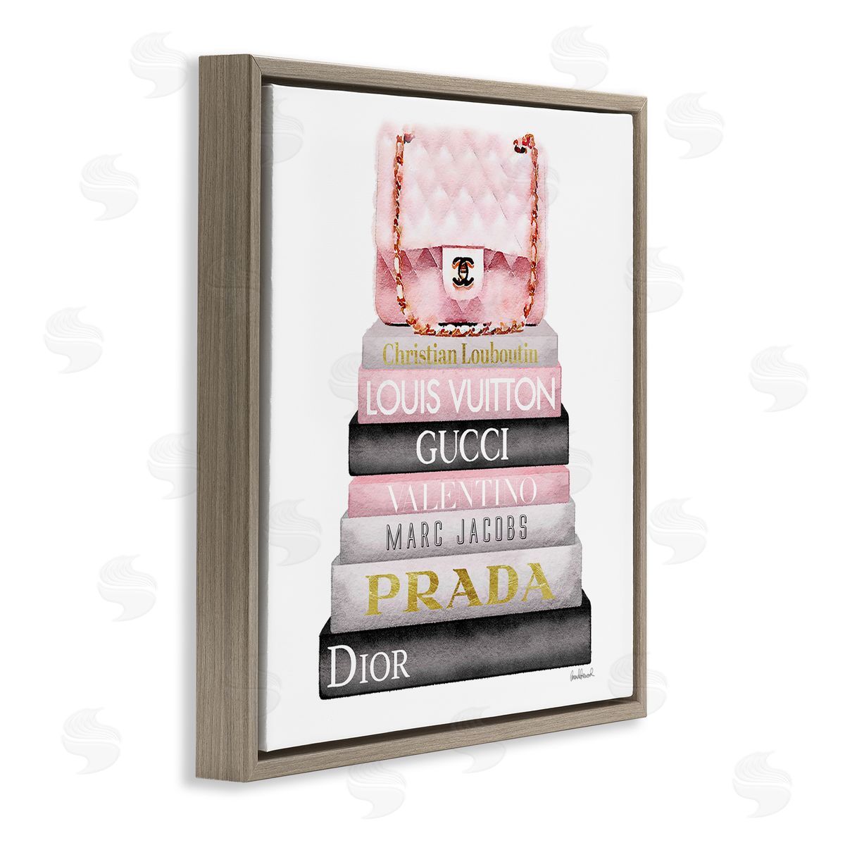Watercolor High Fashion Bookstack Brown Floating Frame Canvas Wall Art, Home Decor by Amanda Greenwood